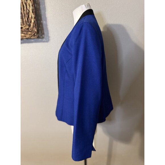 Kasper Suit Jacket Blazer 12 Blue Black Trim Open Front Classic Career Polyester - Picture 9 of 10